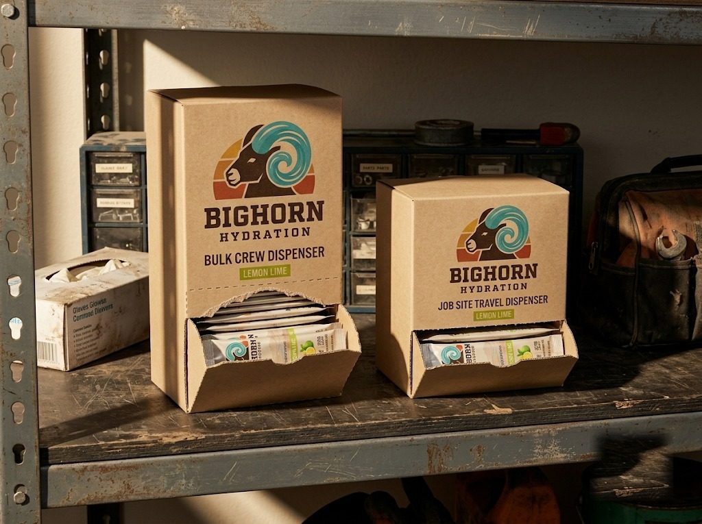 Kraft bulk-crew and job-site dispenser boxes on a supply shelf, stocked with stick packs.