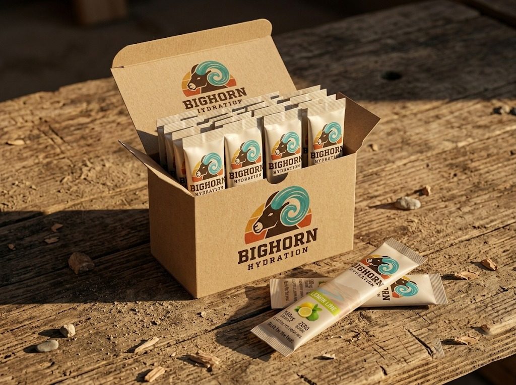 An open 10-count kraft sample box with Lemon Lime stick packs inside, on a weathered workbench.