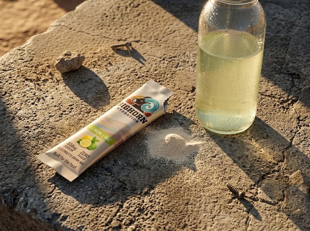 A Bighorn stick torn open on a concrete ledge, powder spilled, mixed pale green in a jobsite jar.