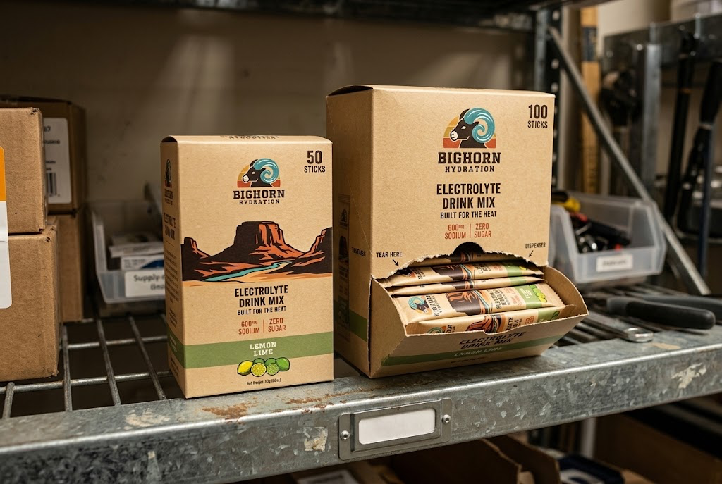 Kraft bulk-crew and job-site dispenser boxes on a supply shelf, stocked with stick packs.