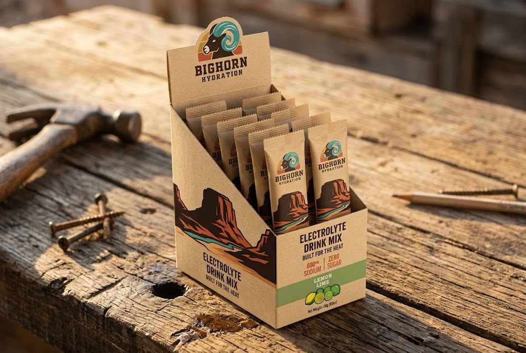 An open 10-count kraft sample box with Lemon Lime stick packs inside, on a weathered workbench.